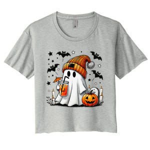 Cute Ghost Drinking Coffee Halloween Ghost Coffee Women's Crop Top Tee