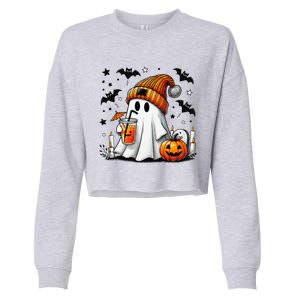 Cute Ghost Drinking Coffee Halloween Ghost Coffee Cropped Pullover Crew