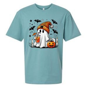 Cute Ghost Drinking Coffee Halloween Ghost Coffee Sueded Cloud Jersey T-Shirt