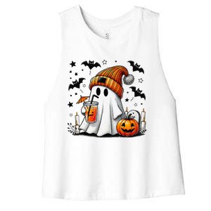 Cute Ghost Drinking Coffee Halloween Ghost Coffee Women's Racerback Cropped Tank