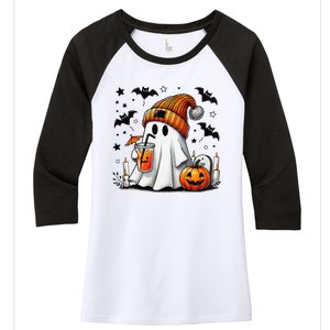 Cute Ghost Drinking Coffee Halloween Ghost Coffee Women's Tri-Blend 3/4-Sleeve Raglan Shirt