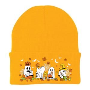 Cute Ghost Drinking Coffee Halloween Fall Ghost Book Reading Knit Cap Winter Beanie