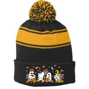 Cute Ghost Drinking Coffee Halloween Fall Ghost Book Reading Stripe Pom Pom Beanie