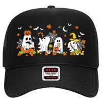 Cute Ghost Drinking Coffee Halloween Fall Ghost Book Reading High Crown Mesh Back Trucker Hat