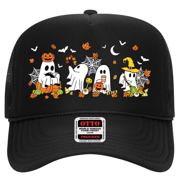 Cute Ghost Drinking Coffee Halloween Fall Ghost Book Reading High Crown Mesh Back Trucker Hat