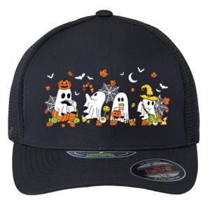 Cute Ghost Drinking Coffee Halloween Fall Ghost Book Reading Flexfit Unipanel Trucker Cap