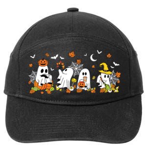 Cute Ghost Drinking Coffee Halloween Fall Ghost Book Reading 7-Panel Snapback Hat