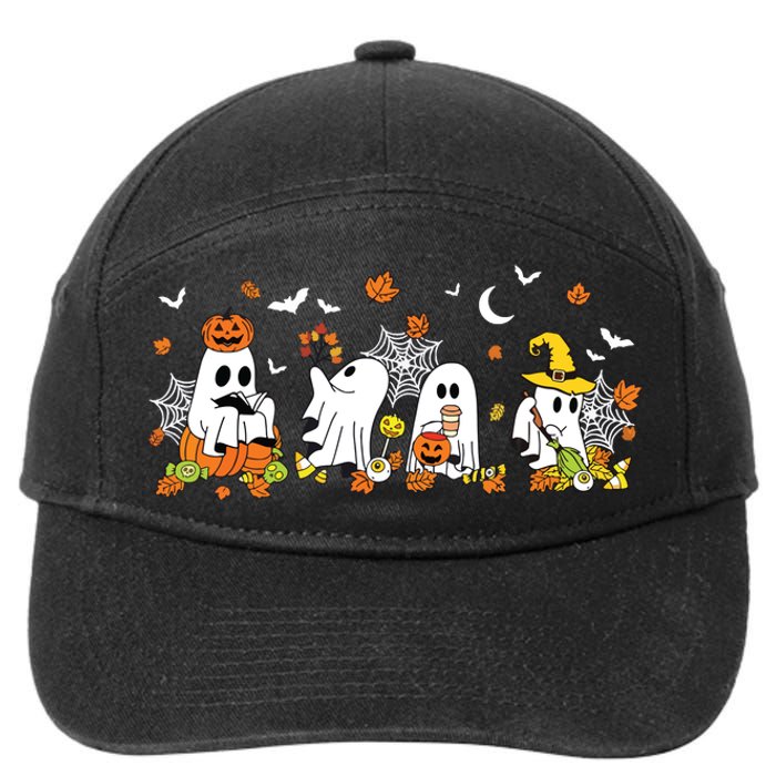 Cute Ghost Drinking Coffee Halloween Fall Ghost Book Reading 7-Panel Snapback Hat