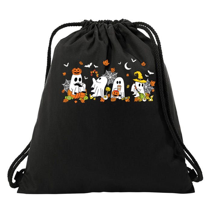 Cute Ghost Drinking Coffee Halloween Fall Ghost Book Reading Drawstring Bag