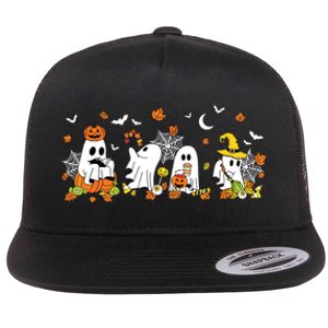 Cute Ghost Drinking Coffee Halloween Fall Ghost Book Reading Flat Bill Trucker Hat