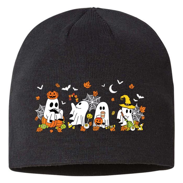 Cute Ghost Drinking Coffee Halloween Fall Ghost Book Reading Sustainable Beanie