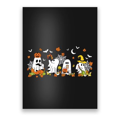 Cute Ghost Drinking Coffee Halloween Fall Ghost Book Reading Poster