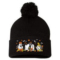 Cute Ghost Drinking Coffee Halloween Fall Ghost Book Reading Pom Pom 12in Knit Beanie