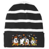 Cute Ghost Drinking Coffee Halloween Fall Ghost Book Reading Striped Beanie with Solid Band