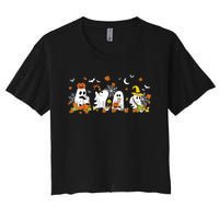 Cute Ghost Drinking Coffee Halloween Fall Ghost Book Reading Women's Crop Top Tee