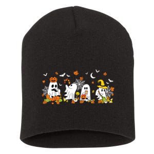 Cute Ghost Drinking Coffee Halloween Fall Ghost Book Reading Short Acrylic Beanie