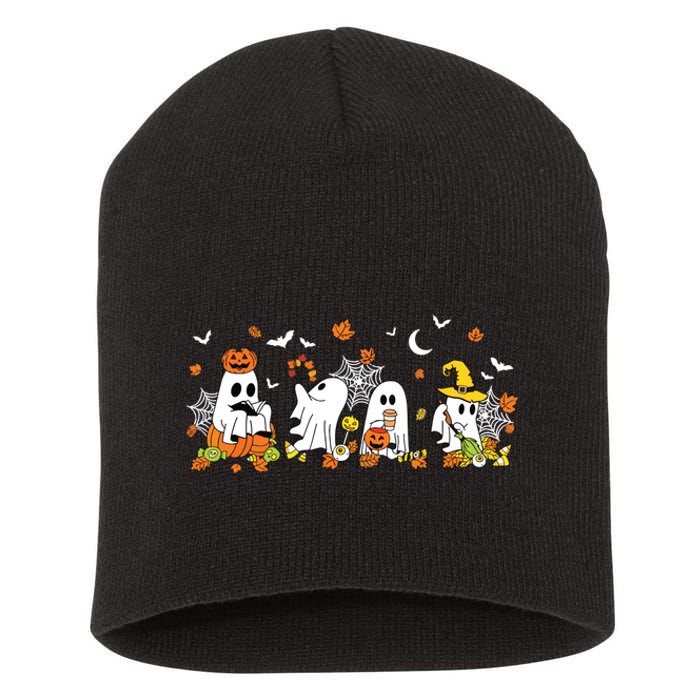 Cute Ghost Drinking Coffee Halloween Fall Ghost Book Reading Short Acrylic Beanie