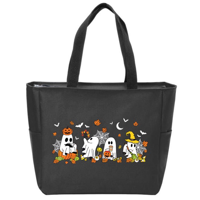 Cute Ghost Drinking Coffee Halloween Fall Ghost Book Reading Zip Tote Bag