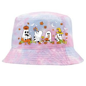 Cute Ghost Drinking Coffee Halloween Fall Ghost Book Reading Tie-Dyed Bucket Hat