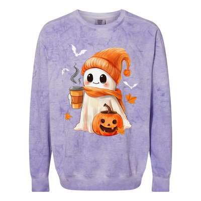 Cute Ghost Drinking Coffee Halloween Ghost Ice Coffee Colorblast Crewneck Sweatshirt