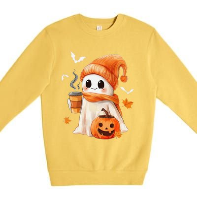 Cute Ghost Drinking Coffee Halloween Ghost Ice Coffee Premium Crewneck Sweatshirt