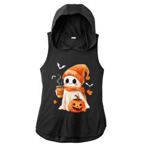 Cute Ghost Drinking Coffee Halloween Ghost Ice Coffee Ladies PosiCharge Tri-Blend Wicking Draft Hoodie Tank