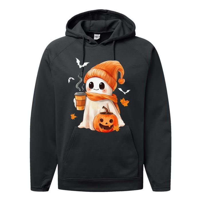 Cute Ghost Drinking Coffee Halloween Ghost Ice Coffee Performance Fleece Hoodie