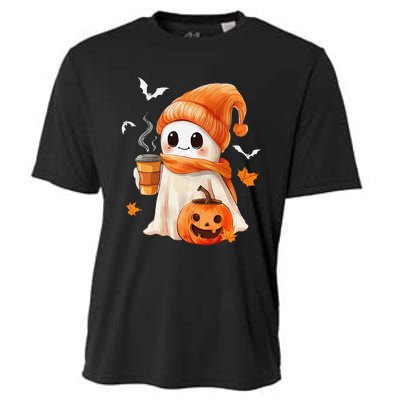 Cute Ghost Drinking Coffee Halloween Ghost Ice Coffee Cooling Performance Crew T-Shirt