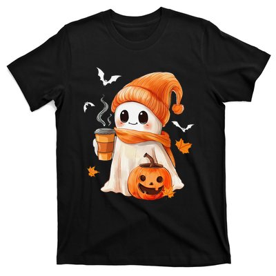 Cute Ghost Drinking Coffee Halloween Ghost Ice Coffee T-Shirt