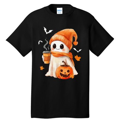 Cute Ghost Drinking Coffee Halloween Ghost Ice Coffee Tall T-Shirt