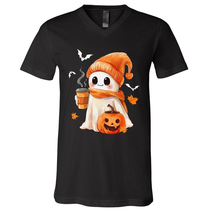 Cute Ghost Drinking Coffee Halloween Ghost Ice Coffee V-Neck T-Shirt