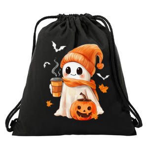 Cute Ghost Drinking Coffee Halloween Ghost Ice Coffee Drawstring Bag