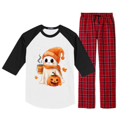 Cute Ghost Drinking Coffee Halloween Ghost Ice Coffee Raglan Sleeve Pajama Set