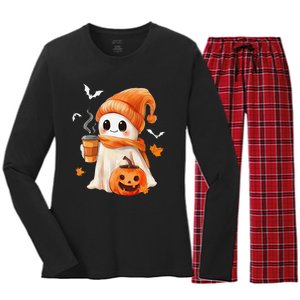 Cute Ghost Drinking Coffee Halloween Ghost Ice Coffee Women's Long Sleeve Flannel Pajama Set 