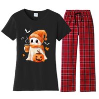 Cute Ghost Drinking Coffee Halloween Ghost Ice Coffee Women's Flannel Pajama Set