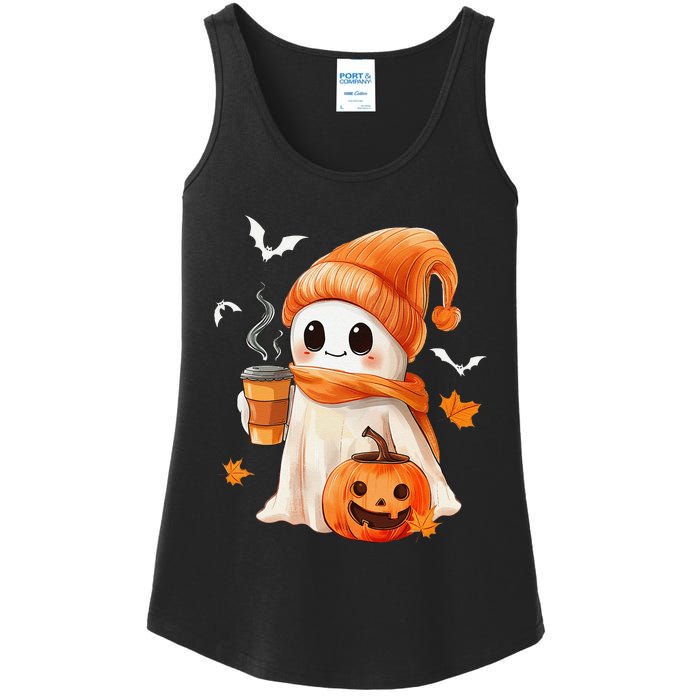 Cute Ghost Drinking Coffee Halloween Ghost Ice Coffee Ladies Essential Tank