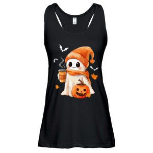 Cute Ghost Drinking Coffee Halloween Ghost Ice Coffee Ladies Essential Flowy Tank