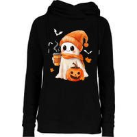 Cute Ghost Drinking Coffee Halloween Ghost Ice Coffee Womens Funnel Neck Pullover Hood