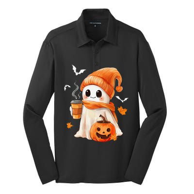 Cute Ghost Drinking Coffee Halloween Ghost Ice Coffee Silk Touch Performance Long Sleeve Polo