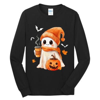 Cute Ghost Drinking Coffee Halloween Ghost Ice Coffee Tall Long Sleeve T-Shirt