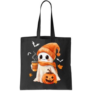 Cute Ghost Drinking Coffee Halloween Ghost Ice Coffee Tote Bag