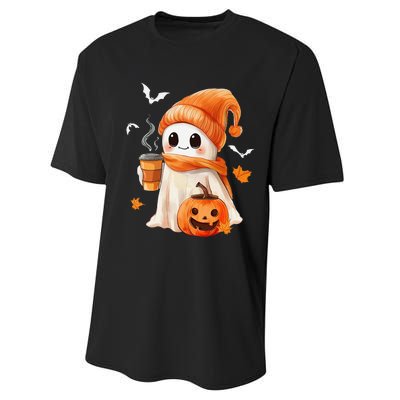 Cute Ghost Drinking Coffee Halloween Ghost Ice Coffee Performance Sprint T-Shirt