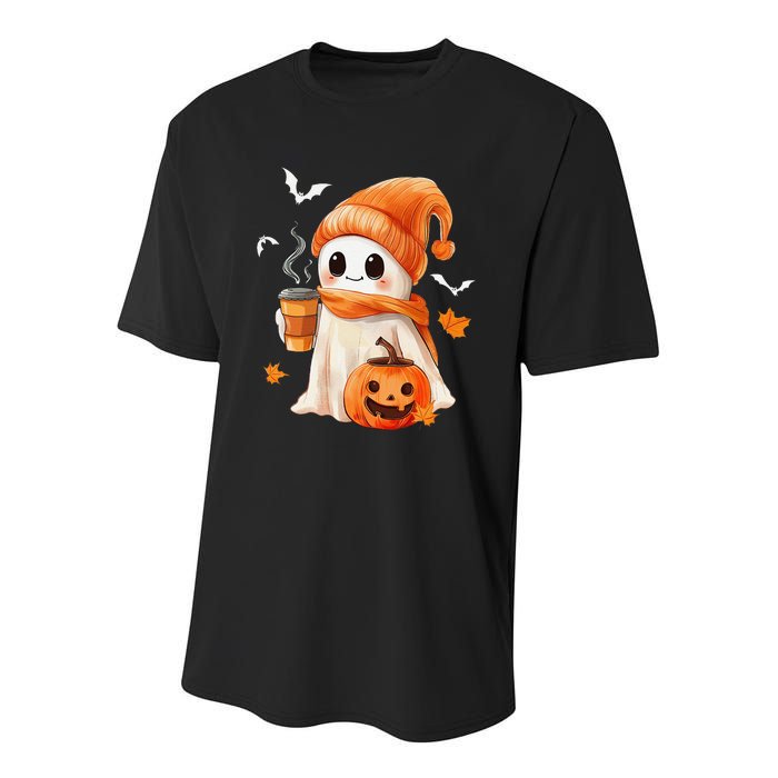 Cute Ghost Drinking Coffee Halloween Ghost Ice Coffee Youth Performance Sprint T-Shirt