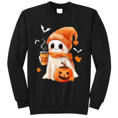 Cute Ghost Drinking Coffee Halloween Ghost Ice Coffee Tall Sweatshirt