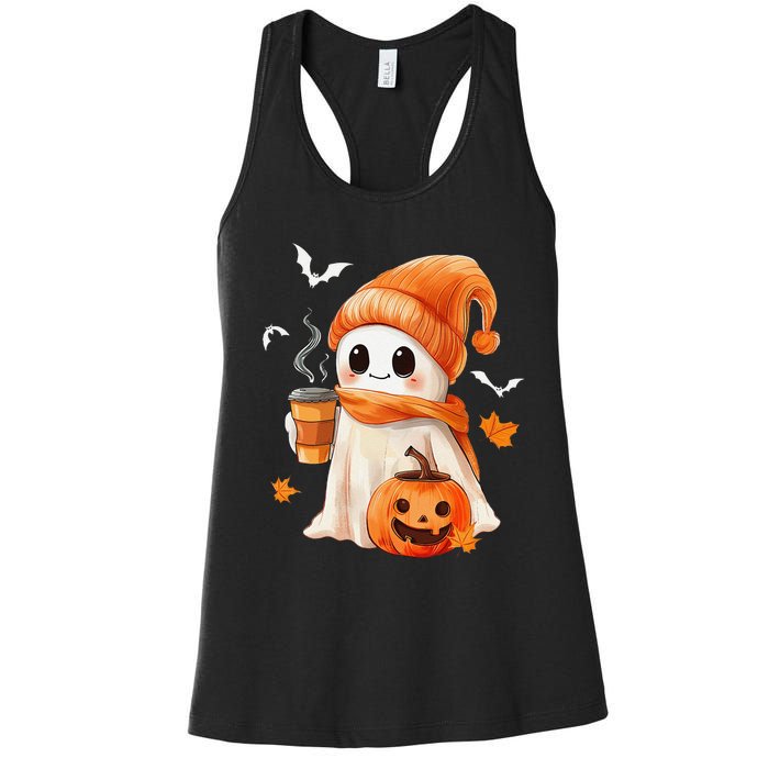 Cute Ghost Drinking Coffee Halloween Ghost Ice Coffee Women's Racerback Tank