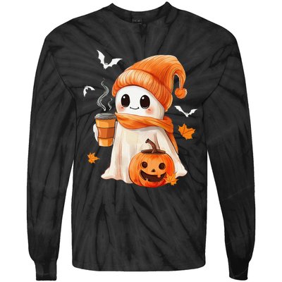 Cute Ghost Drinking Coffee Halloween Ghost Ice Coffee Tie-Dye Long Sleeve Shirt