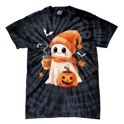 Cute Ghost Drinking Coffee Halloween Ghost Ice Coffee Tie-Dye T-Shirt