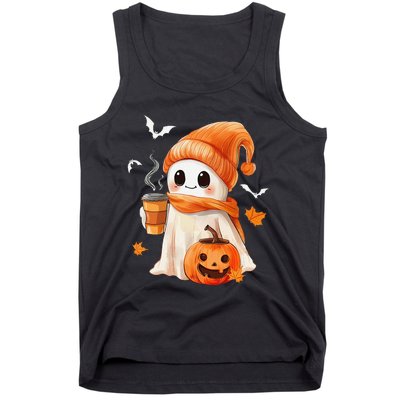 Cute Ghost Drinking Coffee Halloween Ghost Ice Coffee Tank Top