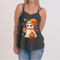 Cute Ghost Drinking Coffee Halloween Ghost Ice Coffee Women's Strappy Tank