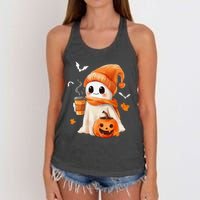 Cute Ghost Drinking Coffee Halloween Ghost Ice Coffee Women's Knotted Racerback Tank